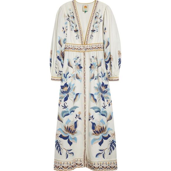 FARM Rio Women's White Blue Mystic Lotus Print Linen Blend Maxi Dress Medium NWO - Picture 1 of 14